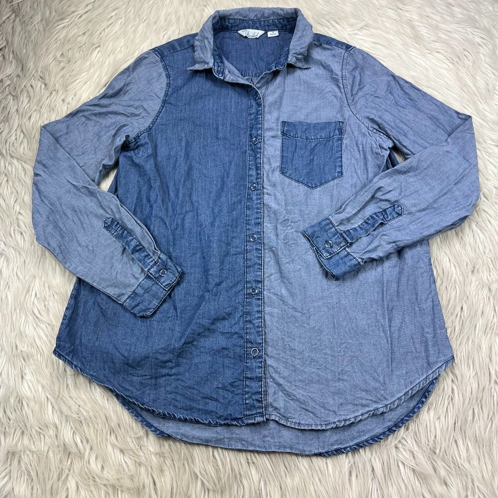 Cafe Marrakesh Two-Toned Button Front Chambray Shirt